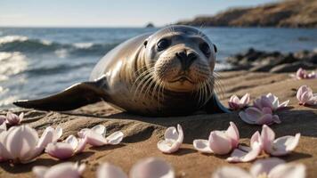 A seal resting on a sandy shore surrounded by flower petals. photo