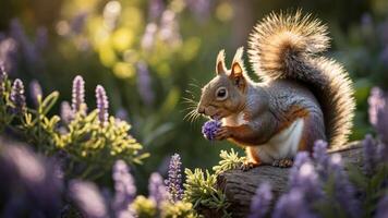 A squirrel sitting on a log, nibbling on a flower amidst a field of purple blooms. photo