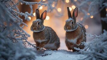 Two rabbits in a snowy forest, illuminated by soft lights. photo