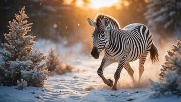 A zebra gallops through a snowy landscape at sunset, creating a serene winter scene. photo