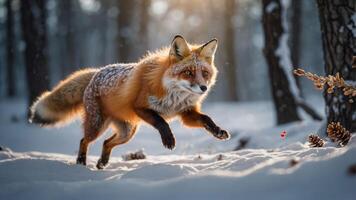 A red fox leaps through a snowy forest, showcasing its vibrant fur and playful movement. photo