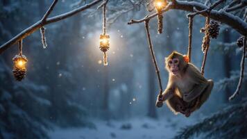 A monkey swings on a snowy branch adorned with glowing lights and pine cones. photo