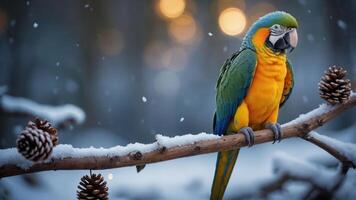 A colorful parrot perched on a snowy branch with pine cones in a winter setting. photo
