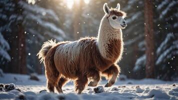 A playful llama trotting through a snowy forest, illuminated by sunlight. photo