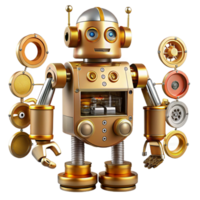 standout avant-garde Steampunk robot schematic with detailed component labels. NO BACKGROUND with Transparent Background. genuine png