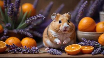 A cute hamster surrounded by oranges and lavender, creating a whimsical, vibrant scene. photo