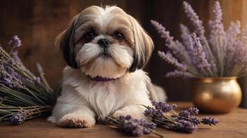 A Shih Tzu dog surrounded by lavender flowers, creating a serene and cozy atmosphere. photo