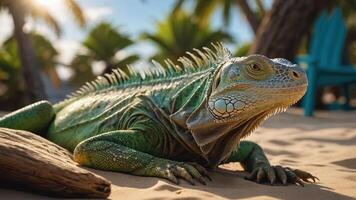 A vibrant iguana resting on sandy beach, surrounded by palm trees and a tranquil atmosphere. photo