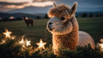 A charming alpaca surrounded by festive lights in a serene landscape at sunset. photo