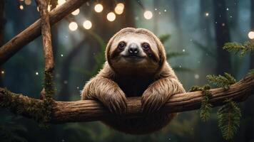 A sloth resting on a branch in a serene forest with soft lights in the background. photo