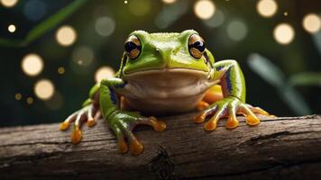 A vibrant green frog perched on a log, surrounded by soft glowing lights in a natural setting. photo
