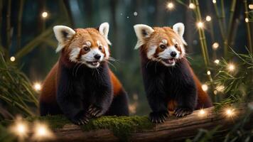Two red pandas playfully posed on a log surrounded by a whimsical forest setting. photo