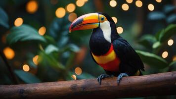 A colorful toucan perched on a branch amidst blurred lights and greenery. photo