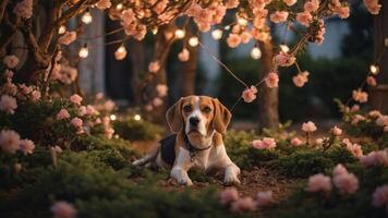 A beagle relaxes under blossoming flowers and string lights in a serene garden setting. photo