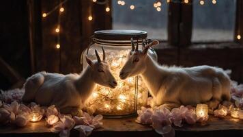 Two goats surrounded by fairy lights and flowers in a cozy, rustic setting. photo