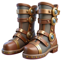 extraordinary inspired Steampunk boots with intricate buckles and metal plating. NO BACKGROUND with Transparent Background. png