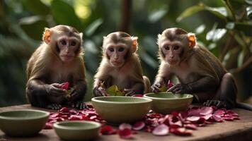 Three monkeys sitting together, enjoying petals and leaves in a lush environment. photo