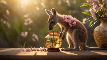 A kangaroo curiously examines a glass jar surrounded by flowers in a serene setting. photo