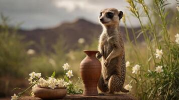 A meerkat stands beside a clay pot and a bowl of flowers in a natural setting. photo