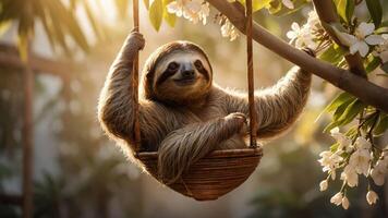 A sloth relaxing in a woven basket among flowers, capturing a serene moment in nature. photo