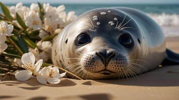 A close-up of a seal resting on the beach surrounded by white flowers. photo