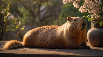 A capybara resting beside a vase of flowers in a serene outdoor setting. photo