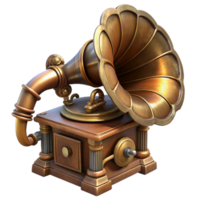 whimsical serene Steampunk gramophone with a large horn and intricate details. NO BACKGROUND with Transparent Background. flawless png