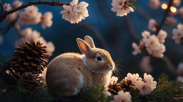 A serene rabbit sits among blooming cherry blossoms and pine cones in a tranquil setting. photo