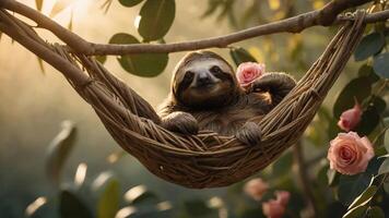 A sloth relaxing in a woven hammock surrounded by greenery and roses. photo