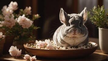 A cute rabbit resting in a decorative bowl surrounded by flowers. photo