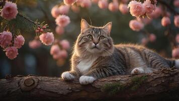 A serene cat resting on a branch surrounded by blooming flowers in a tranquil setting. photo