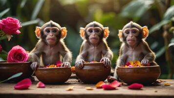 Three monkeys sitting with bowls of flower petals and roses in a lush environment. photo