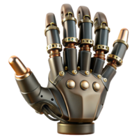 radiant industrial Steampunk robotic hand with articulated fingers and exposed wiring. NO BACKGROUND with Transparent Background. museum quality png