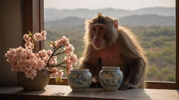 A monkey sits by a window with flowering branches and decorative pots, overlooking a landscape. photo