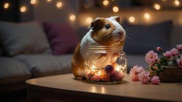 A guinea pig in a jar surrounded by fairy lights and flowers, creating a cozy atmosphere. photo