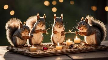 Four squirrels gather around candles, creating a cozy, festive atmosphere. photo