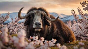 A musk ox resting among blooming cherry blossoms with mountains in the background. photo