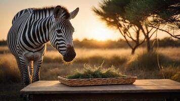 A zebra curiously approaches a basket of greenery at sunset in a natural setting. photo