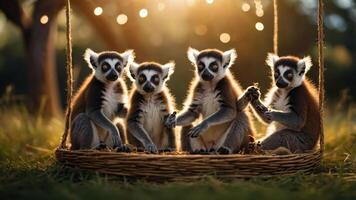 Four lemurs sitting together in a basket, surrounded by nature and soft sunlight. photo