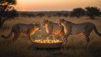 Three cheetahs playfully interacting with a lit basket at sunset in a grassy landscape. photo