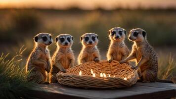 A group of five meerkats gathered around a woven basket in a natural setting at sunset. photo