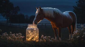 A horse curiously investigates a glowing jar surrounded by flowers in a serene twilight setting. photo