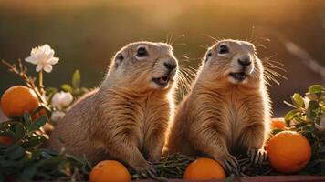 Two prairie dogs surrounded by oranges and flowers in a warm, natural setting. photo