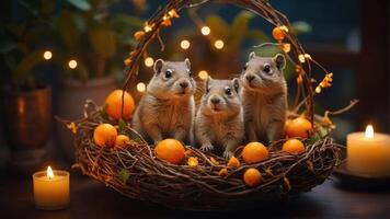 Three adorable rodents sit in a nest adorned with oranges and candles, creating a cozy scene. photo