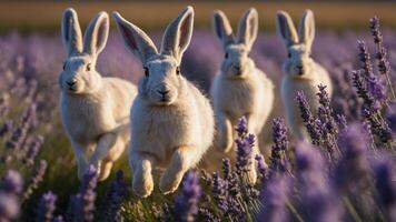 Four rabbits running through a lavender field during the day. photo