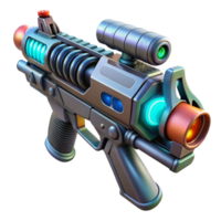 striking mid-century Futuristic weapon, plasma rifle, energy coils, targeting scope. NO BACKGROUND with Transparent Background. elite png