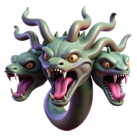 distinguished industrial Mythical hydra head, multiple serpentine necks, venomous fangs, NO BACKGROUND with Transparent Background. crisp png