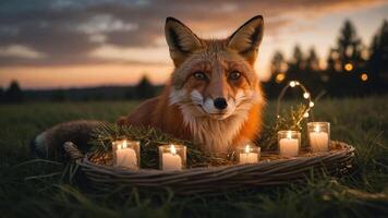 A fox surrounded by candles in a serene outdoor setting at sunset. photo