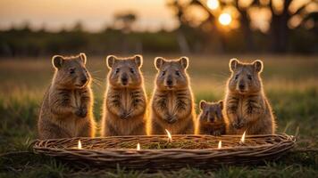 Five quokkas gathered around a circle of candles at sunset in a grassy field. photo