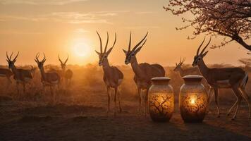 Antelopes near decorative jars at sunset, creating a tranquil and beautiful scene. photo